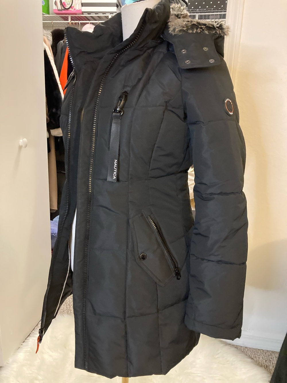 Nautica Women's Black Quilted Hooded Puffer Jacket with Faux Fur Trim
